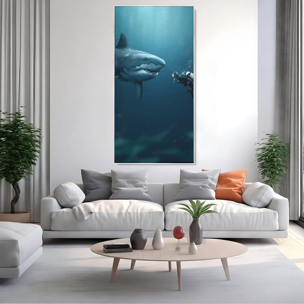 Tablou canvas cu tablou canvas cu rechin si scafandru, in rama de aluminiu argintiu, pe perete intr-un living